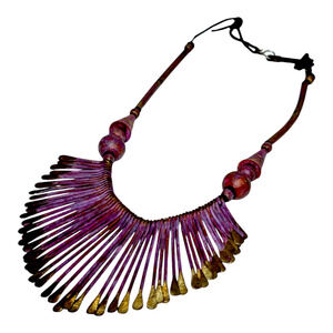 Artisan Purple and Gold Statement Bib Necklace 13in Fan Spindle Boho Collar